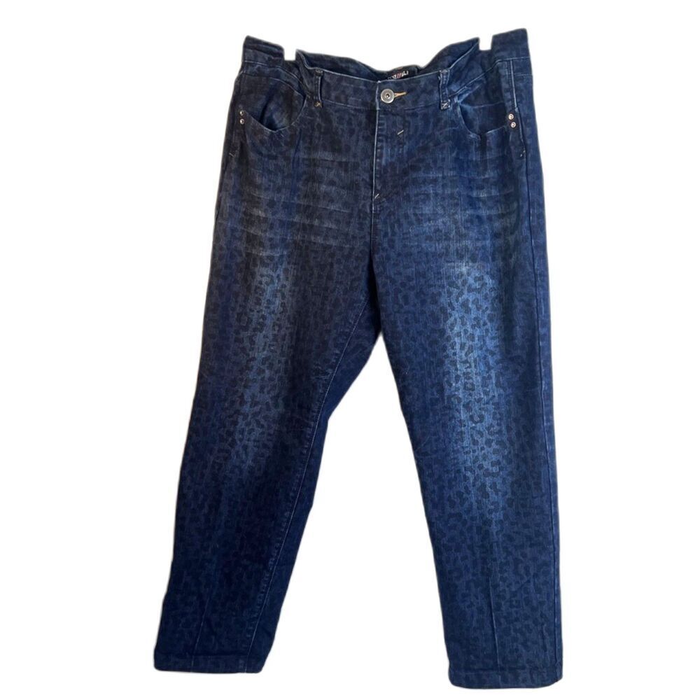 Roz & Ali Animal Print Dark Wash‎ Denim Blue Jeans Straight Leg Size 18